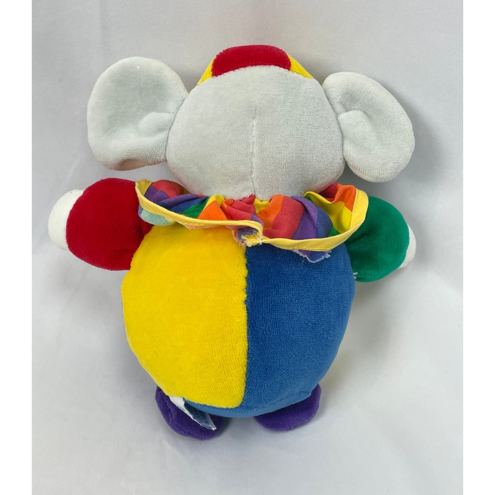 Eden Gray Elephant Clown Plush Rattle Blue Yellow‎ Hat Patchwork Primary Colors - Picture 2 of 4